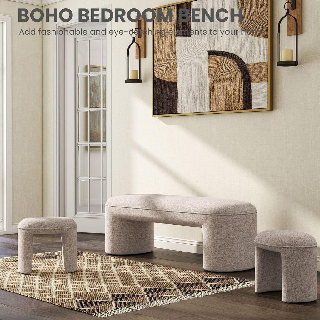 53" Upholstered End of Bed Bench with 2 Nesting Ottoman Stools, Modern Chenille Bedroom Bench for King/Queen Bed