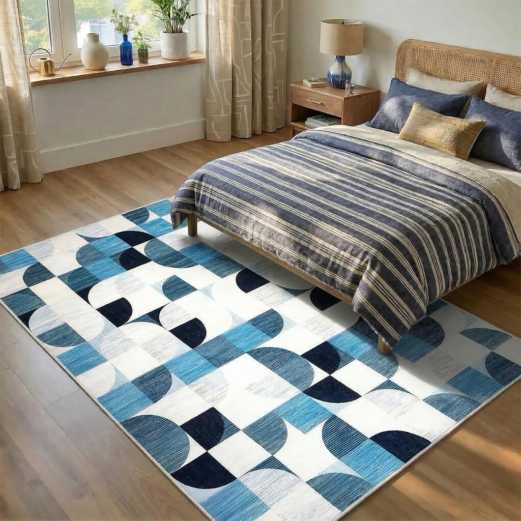 Washable Area Rug Geometric Style Modern Rugs, Blue Checkered Rug Soft Low Pile Lightweight Rugs Indoor Non Slip