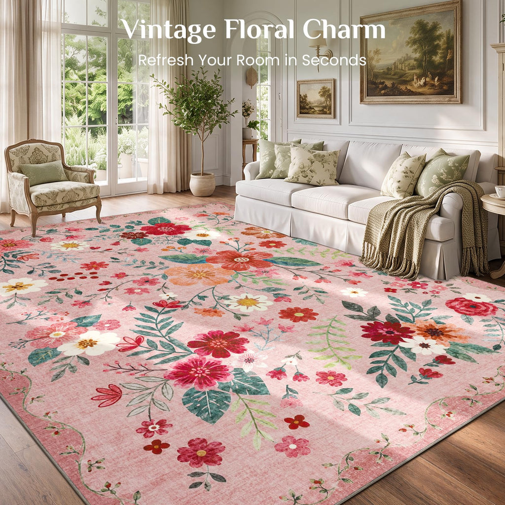 Floral Runner Rug 2x8, Washable Rug, Pink