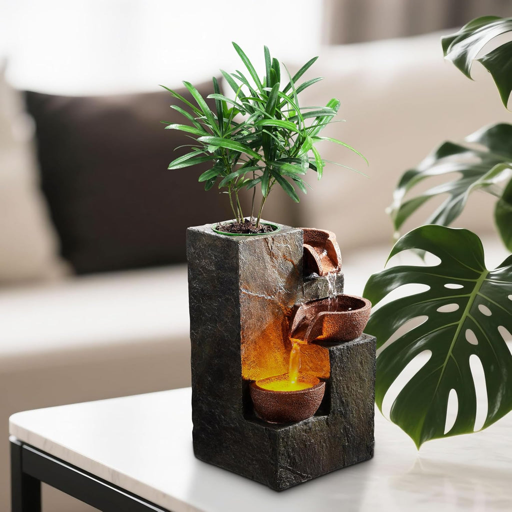 Tabletop Indoor Water Fountain - 3-Tier Rock Waterfall Fountain with Warm LED Light and DIY Planting Pot - Relaxing