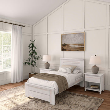 Modern Farmhouse Single Bed, Panel Headboard, White Wash