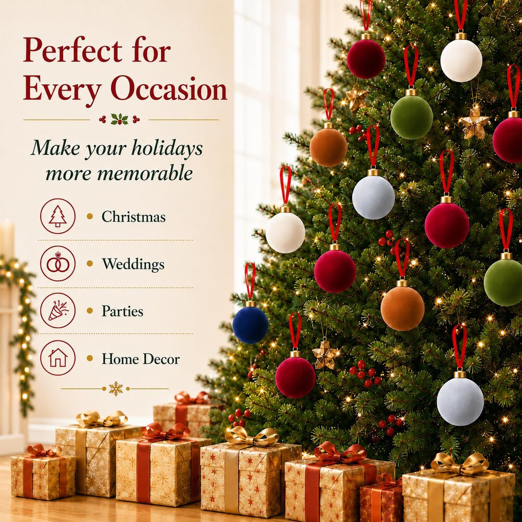 Velvet Christmas Balls Ornaments 15 Pcs, 3.15 Inch Burgundy Red Flocked Xmas Tree Ball Ornaments Shatterproof, Velvet
