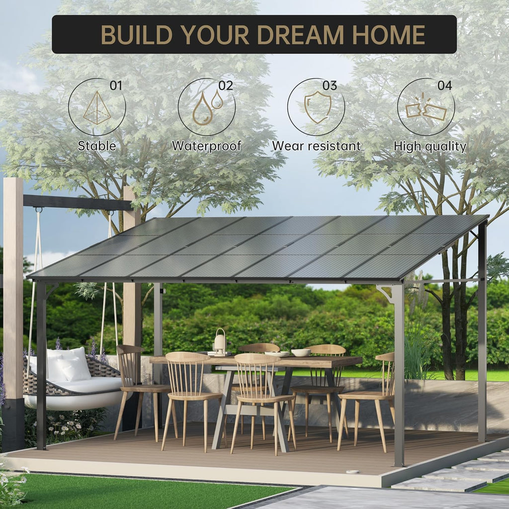 12' x 14' Hardtop Lean-to Gazebo, Wall-Mounted Aluminum Pergola with Polycarbonate Roof – Black