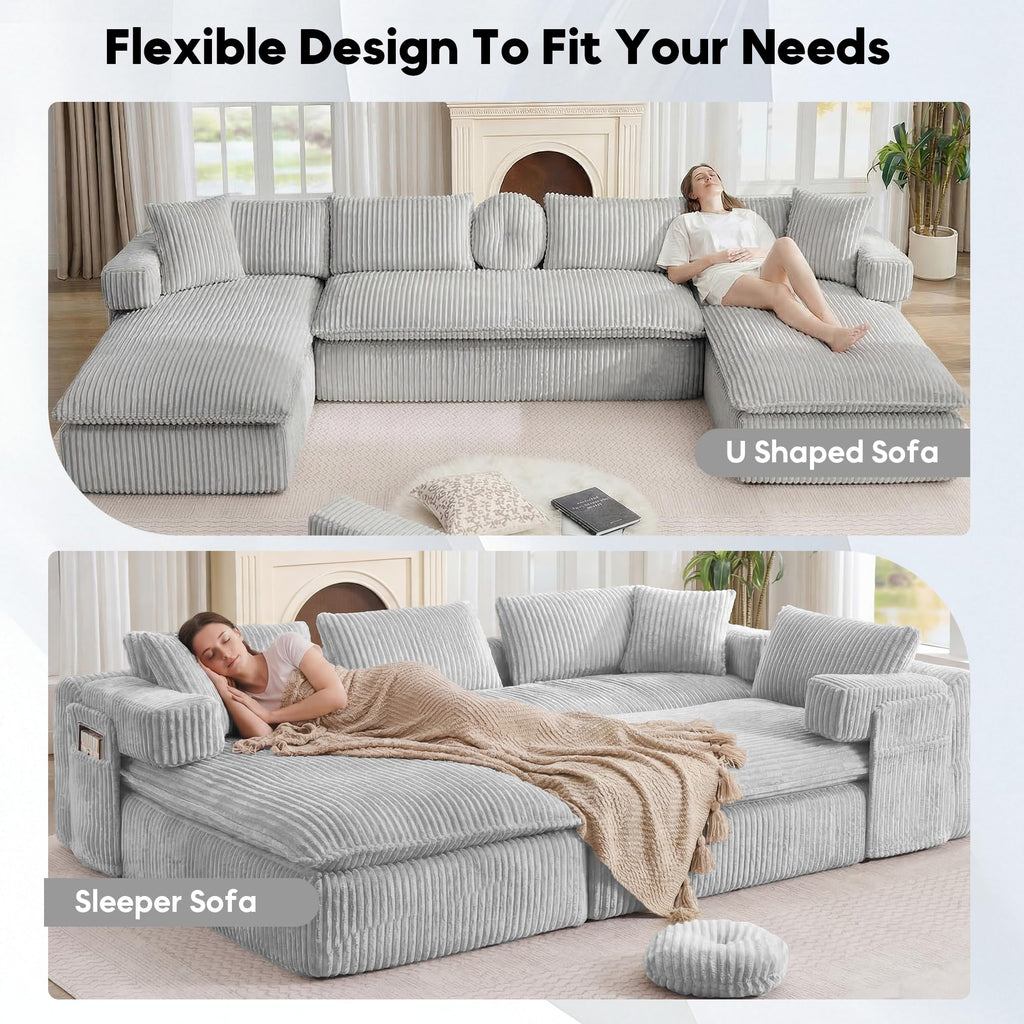 149" Oversized Cloud Boneless Couch with Chaise, Modern U Shape Modular Deep Seat Sectional Sofa, Comfy Corduroy