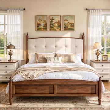 Bed Frame with Solid Wood Vintage Style Upholstered Headboard Walnut