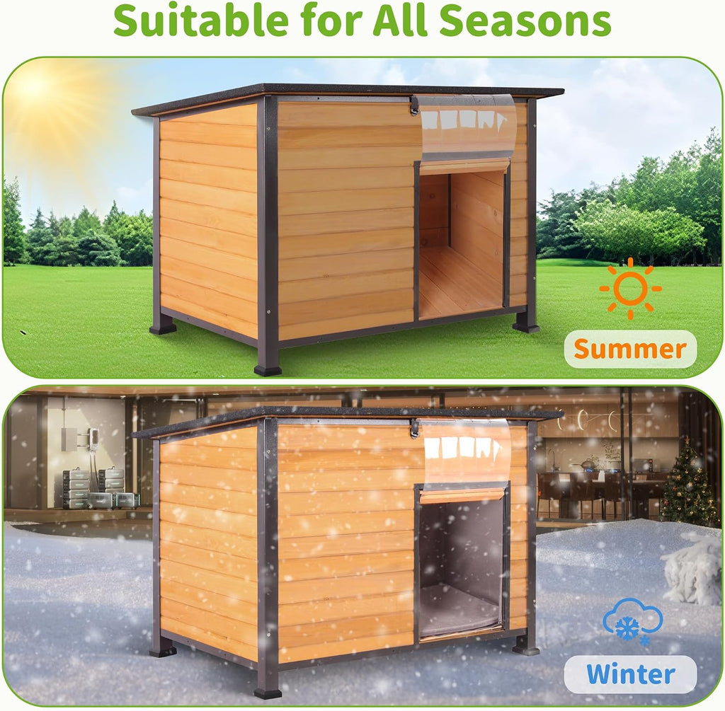 Insulated Dog House Outdoor Weatherproof, Large Wooden House, Removable Inner Lining in Winter, Upgraded Chewing