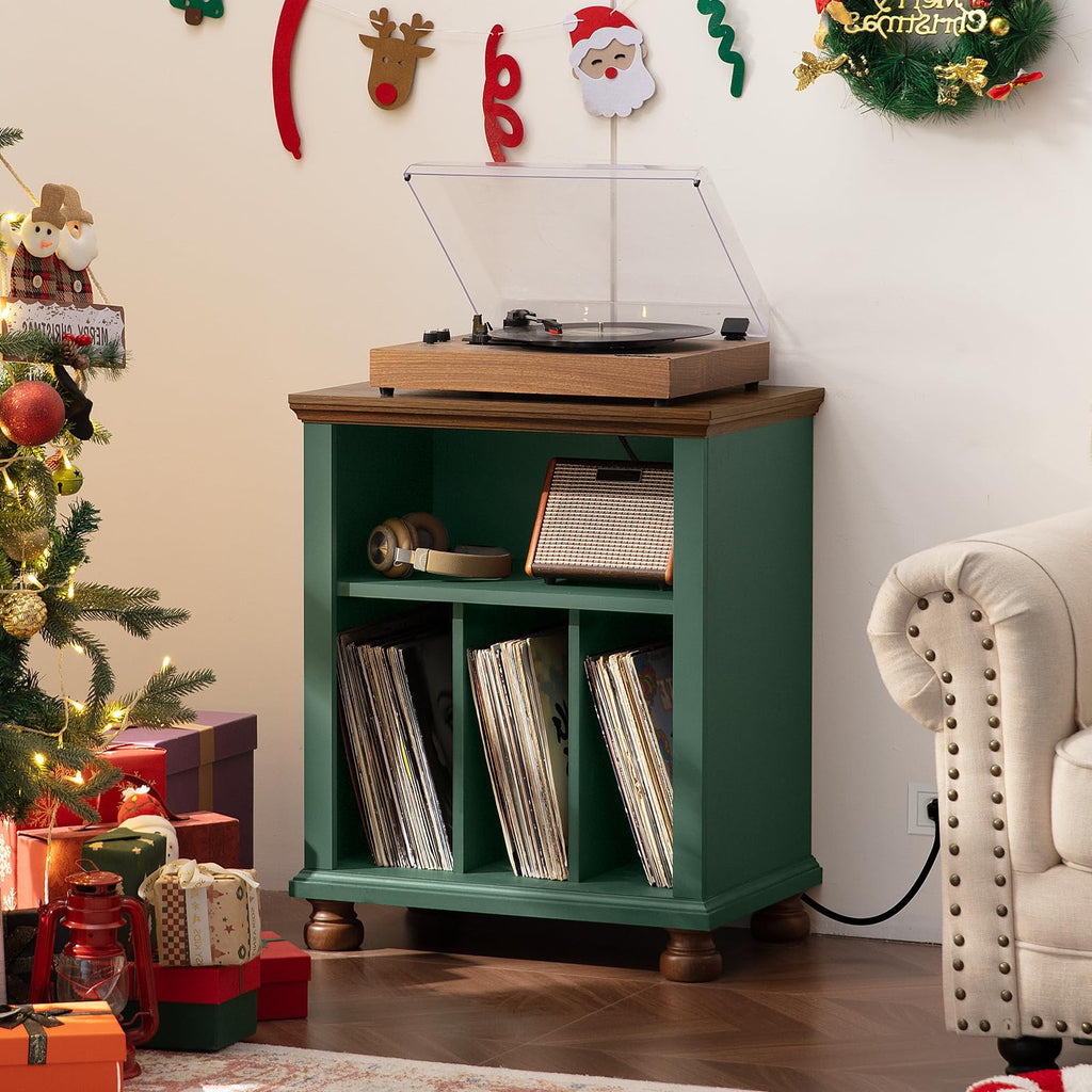 24" Wide Record Player Stand with Charging Station, Green