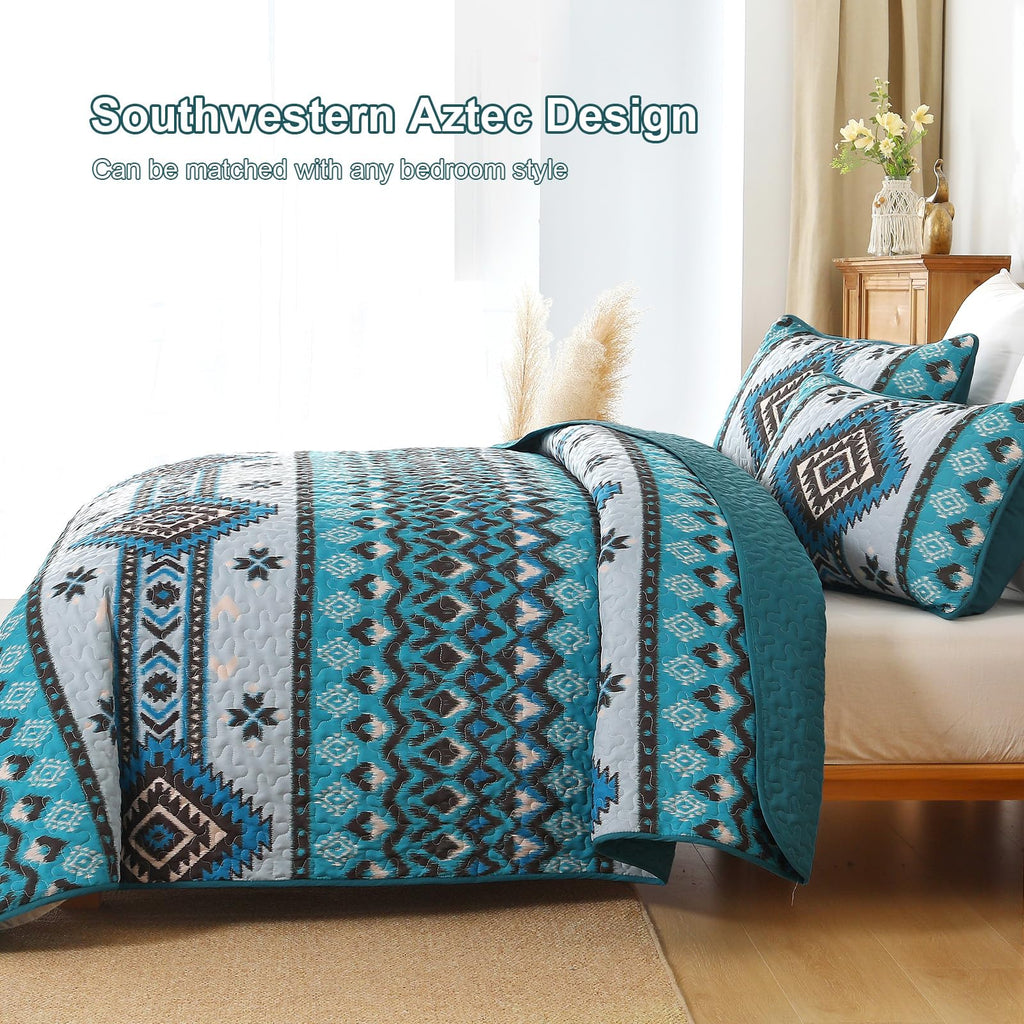 Boho Quilt Set, 3 Pcs Teal Aztec Lightweight Bedspread