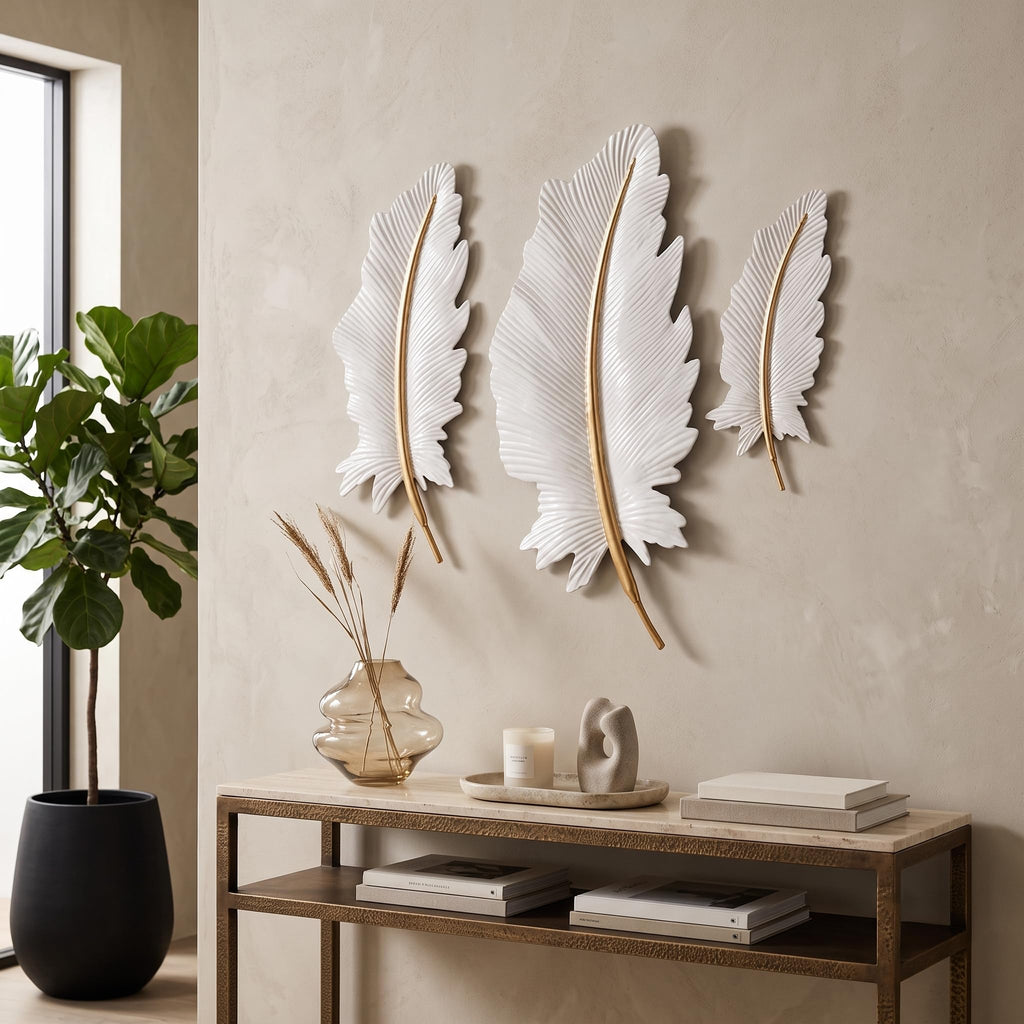 3-Piece 3D Metal Feather Wall Decor Set, White & Gold