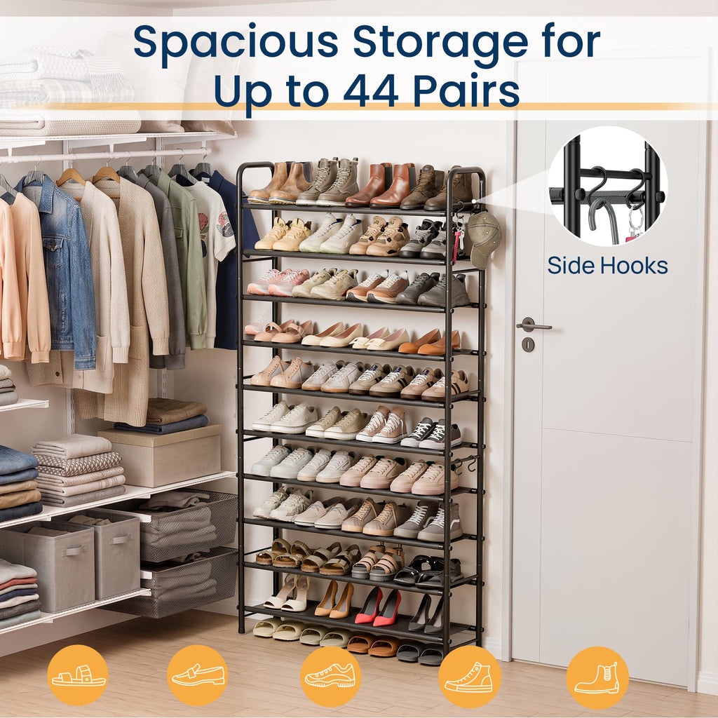 Large Shoe Rack Garage Storage, 10 Tier Tall Metal Shelf, Black