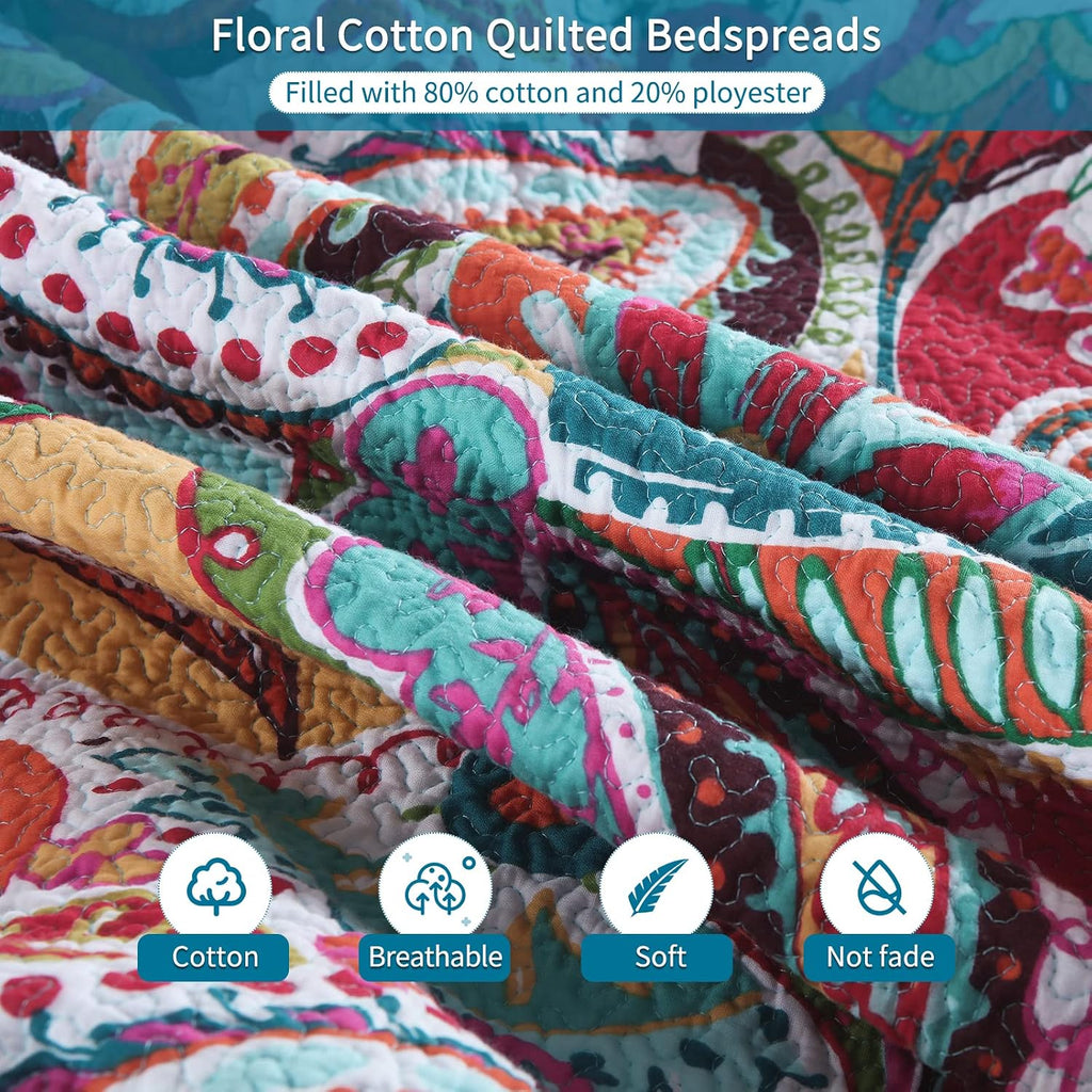 Cotton Quilt Set, Queen, Multicolor Paisley, Boho Style, Soft Lightweight Coverlet with 2 Pillow Shams, 90x98 Inches