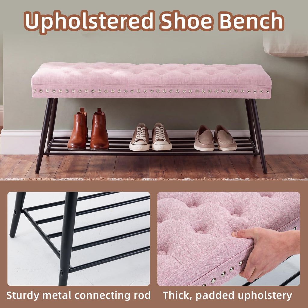 Thick Cushioned Shoe Bench, Entryway Bench with Metal Shoe Rack, Upholstered Tufted Ottoman Bench, End of Bed Bench