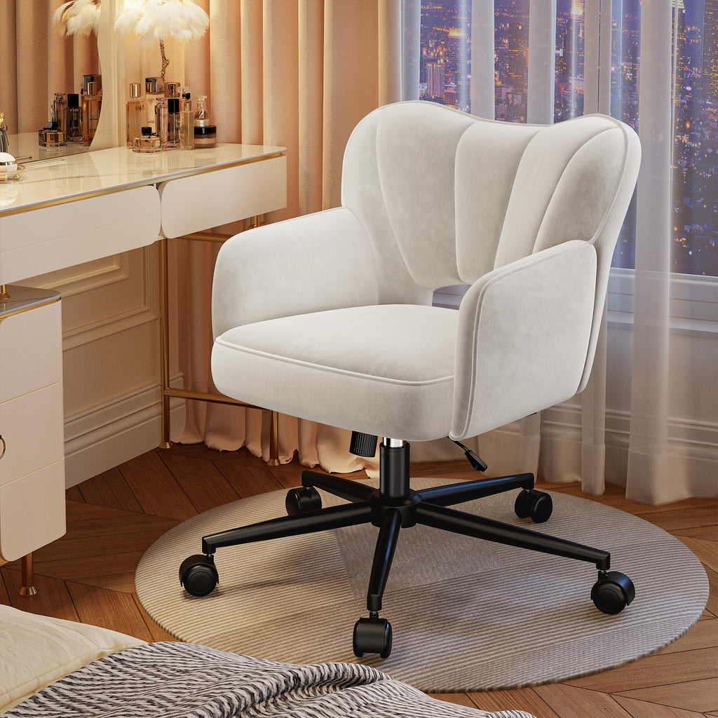 Vanity Chair with Wheels & White - Adjustable Height Makeup Chair, Plush Velvet Seat with Curved Backrest for Women
