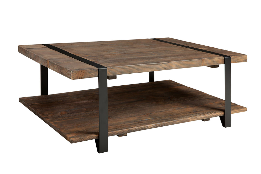 Modesto 48-Inch Reclaimed Wood Coffee Table, Rustic Natural Pine Finish with Metal Strap Legs, Powder-Coated Steel