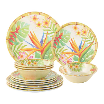 12 Piece Bird of Paradise Melamine Dinnerware Sets, Outdoor Dishes Set, Plates and Bowls Sets, Service for 4