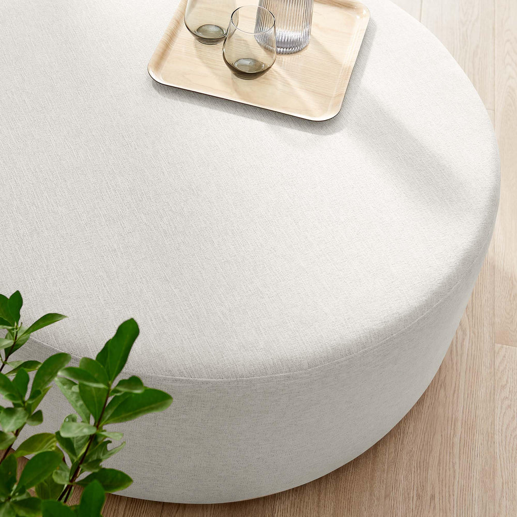 Callum 38 Inch Round Ottoman in Ivory Fabric - Heathered Woven Fabric - Versatile Upholstered Coffee Table and