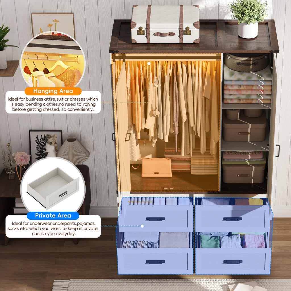 Farmhouse 3-Door Armoire Closet w/Mirror & LED, Antique White