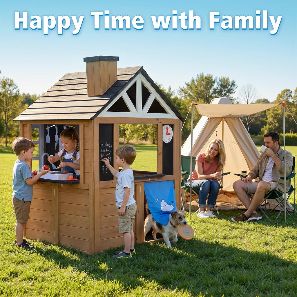 Kids Outdoor Playhouse, 9-in-1 Cedar Wooden Playhouse with Kitchen Set, Snack Bar, Dog Door, Working Doorbell, Toy