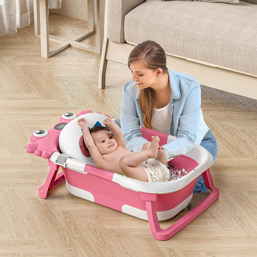 Collapsible Baby Bathtub for Newborns to Toddler with Real-time Temp Monitor & Floating Cushion,Portable Travel Tub