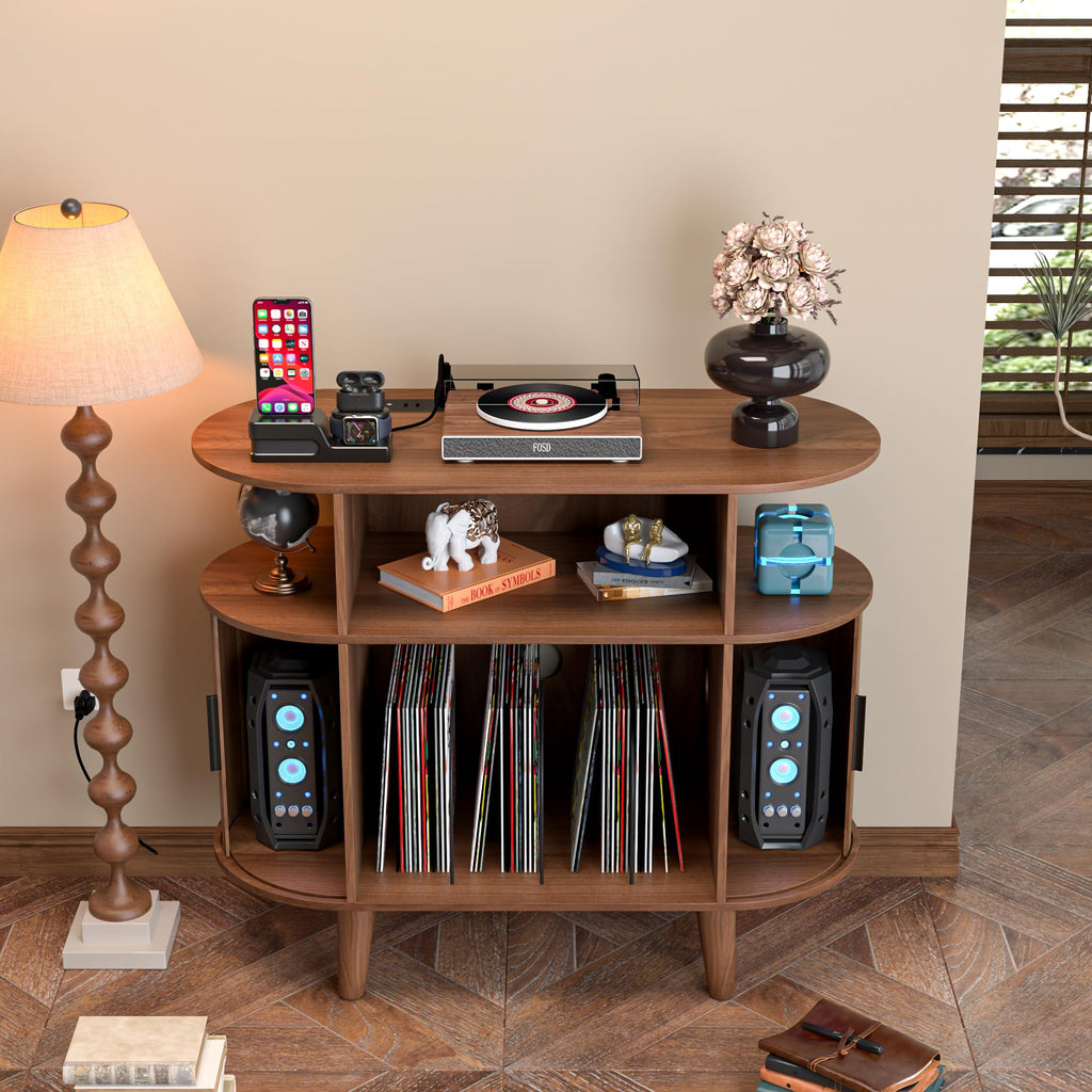 Large Round Record Player Stand with Charging Station & USB Ports