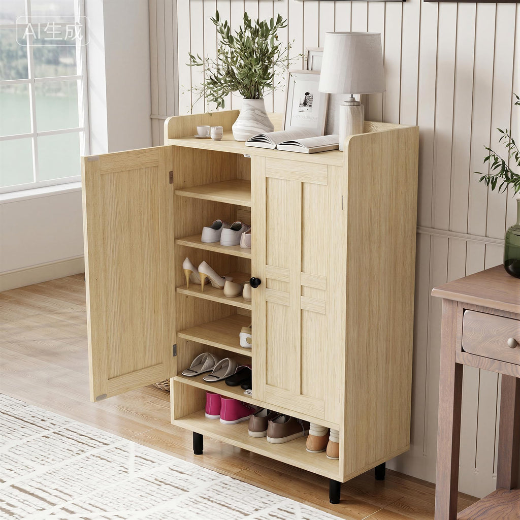 Farmhouse Shoe Cabinet with Doors, 6-Tier Wooden Shoe Organizer with Adjustable Shelves, Entryway Storage Cabinet