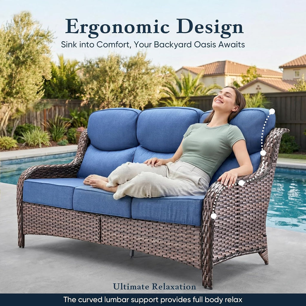 Luxury 6" Thick Cushioned PE Wicker 3-Seater Outdoor Couch, All-Weather Comfortable Modern Patio Sofa, High Back Deep