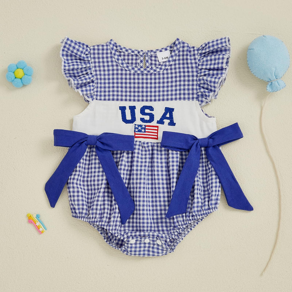 4th Of July Baby Girl Outfits Infant Bow Bubble Romper Newborn Usa Flag Top Summer Memorial Day Patriotic Clothes (A