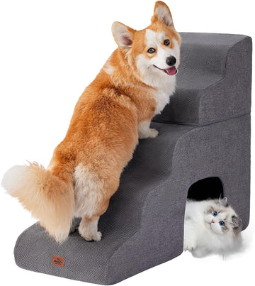 Gray Curved Dog Stairs Ramp for High Beds 28.7" H, 5-Step Dog Steps for Small Dogs and Cats, Pet Stairs for High Bed