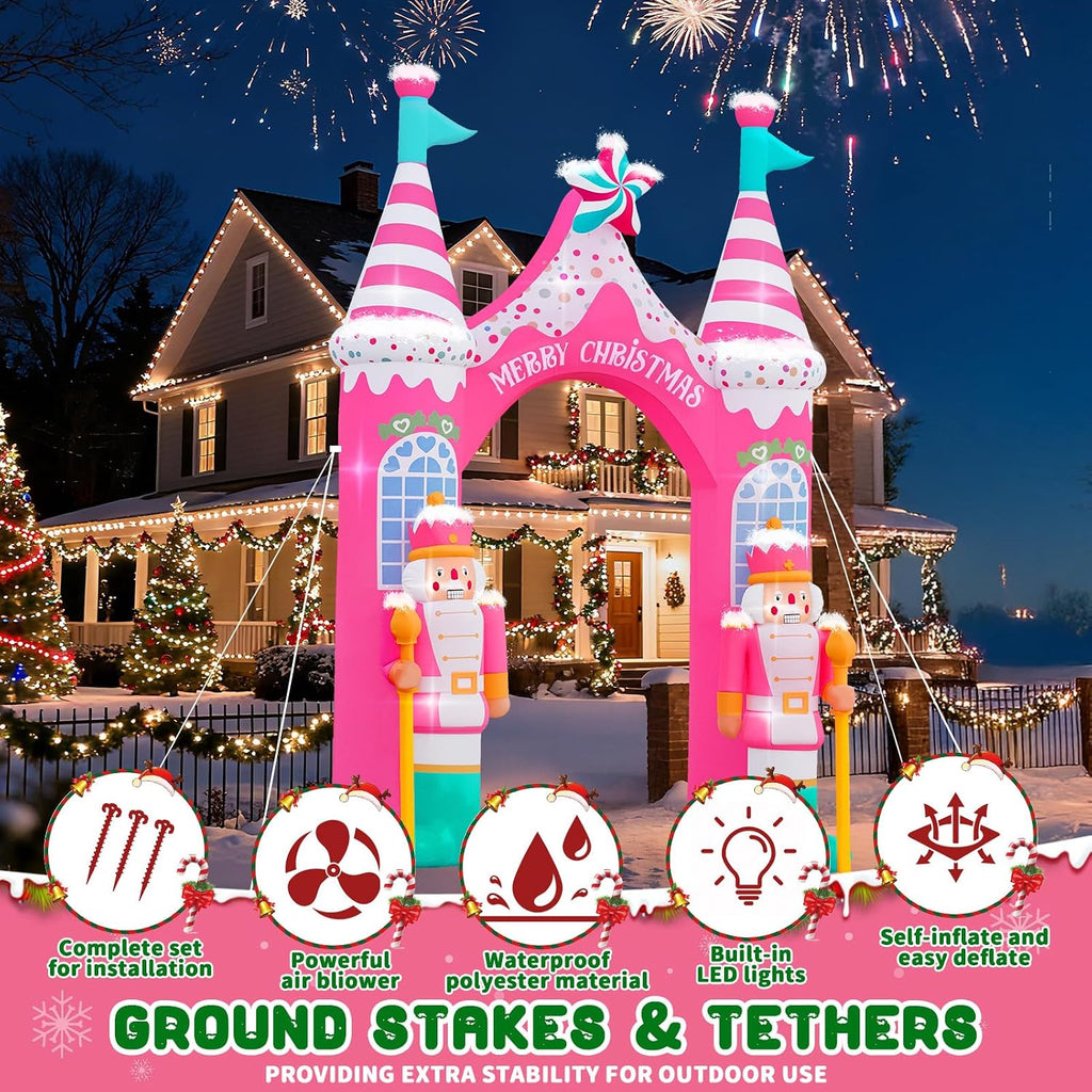 12 FT Giant Christmas Archway Inflatables Nutcracker with LED Lights, Pink Xmas Arch Inflatable Stereoscopic Blow up