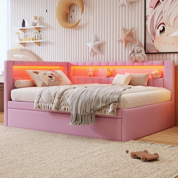 Full Size Upholstered Daybed with Trundle for Kids Bedroom,Super Cute Wooden Bedframe w/Led & USB Ports Design,Easy