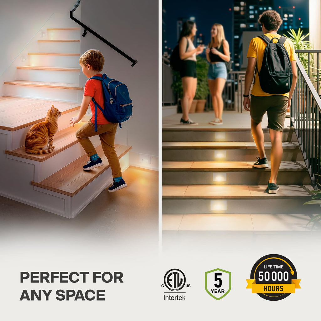 LED Recessed Step Light Fixture, Outdoor & Indoor Stair Tread Lighting | 3CCT, Dimmable, Waterproof, ETL Listed | 3W