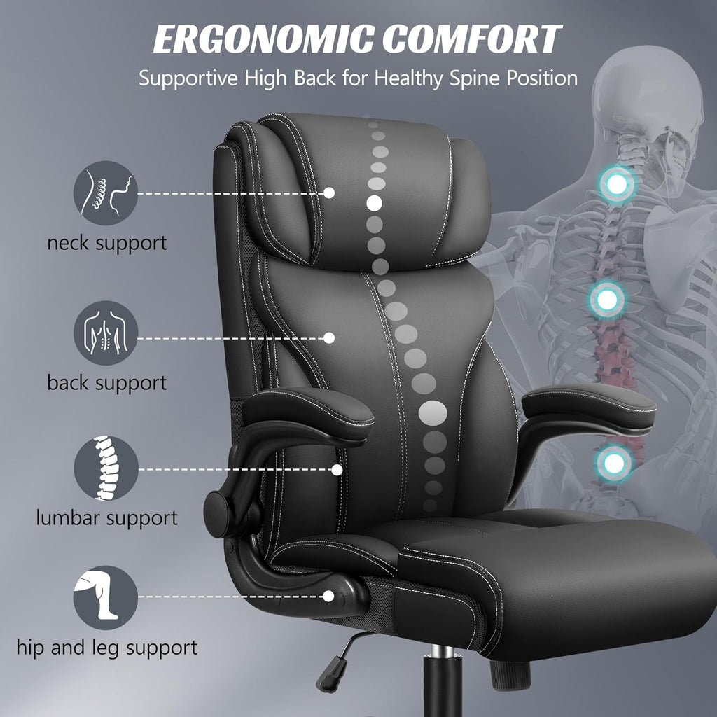 Ergonomic Big and Tall Computer Desk Chairs, Executive Breathable Leather Chair with Adjustable Flip-up Armrests