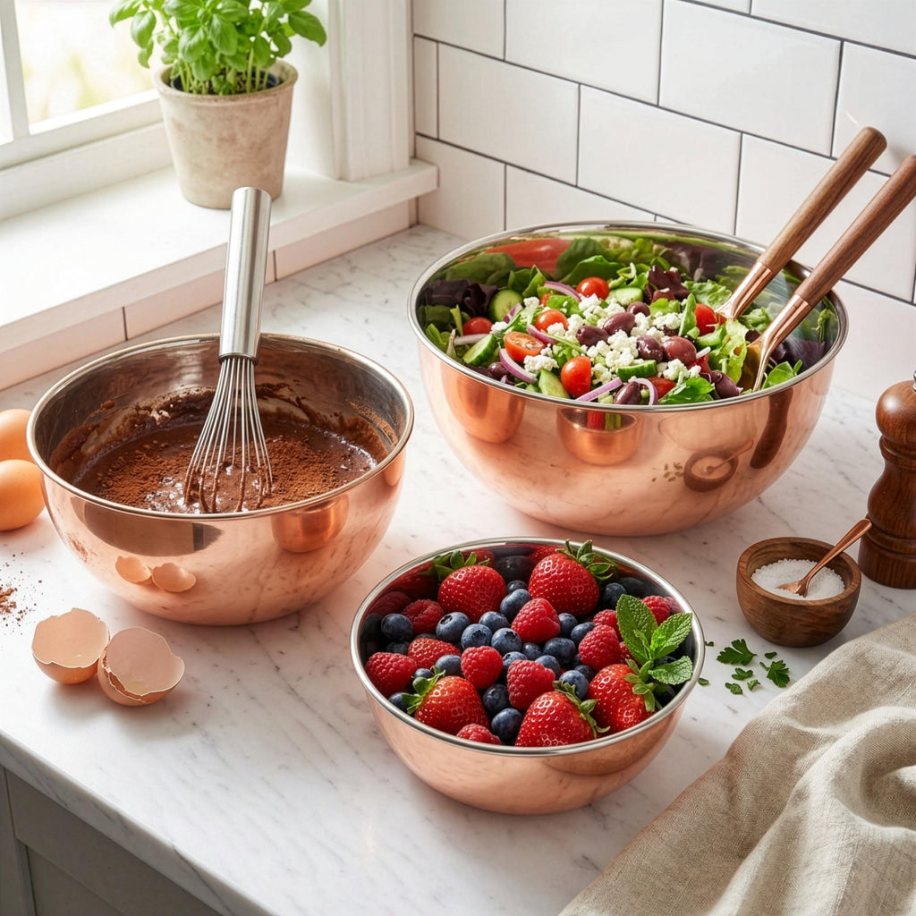 Copper Mixing Bowls - 3 Piece Bowl Set for Cooking, Baking, Serving, and Prepping - Copper Stainless Steel Mixing