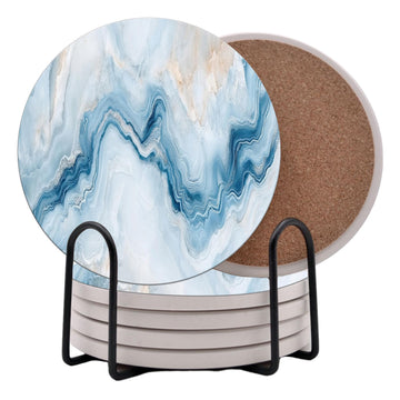 Blue Agate Marble Round Coasters Set of 6 - Abosrbent Ceramic Coasters with Metal Stand for Drinks, Coffee, Non-Slip