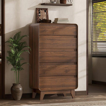 5 Drawer, Mid Century Modern Tall Chests of Drawers, Wood Storage Drawer Dressers, Walnut