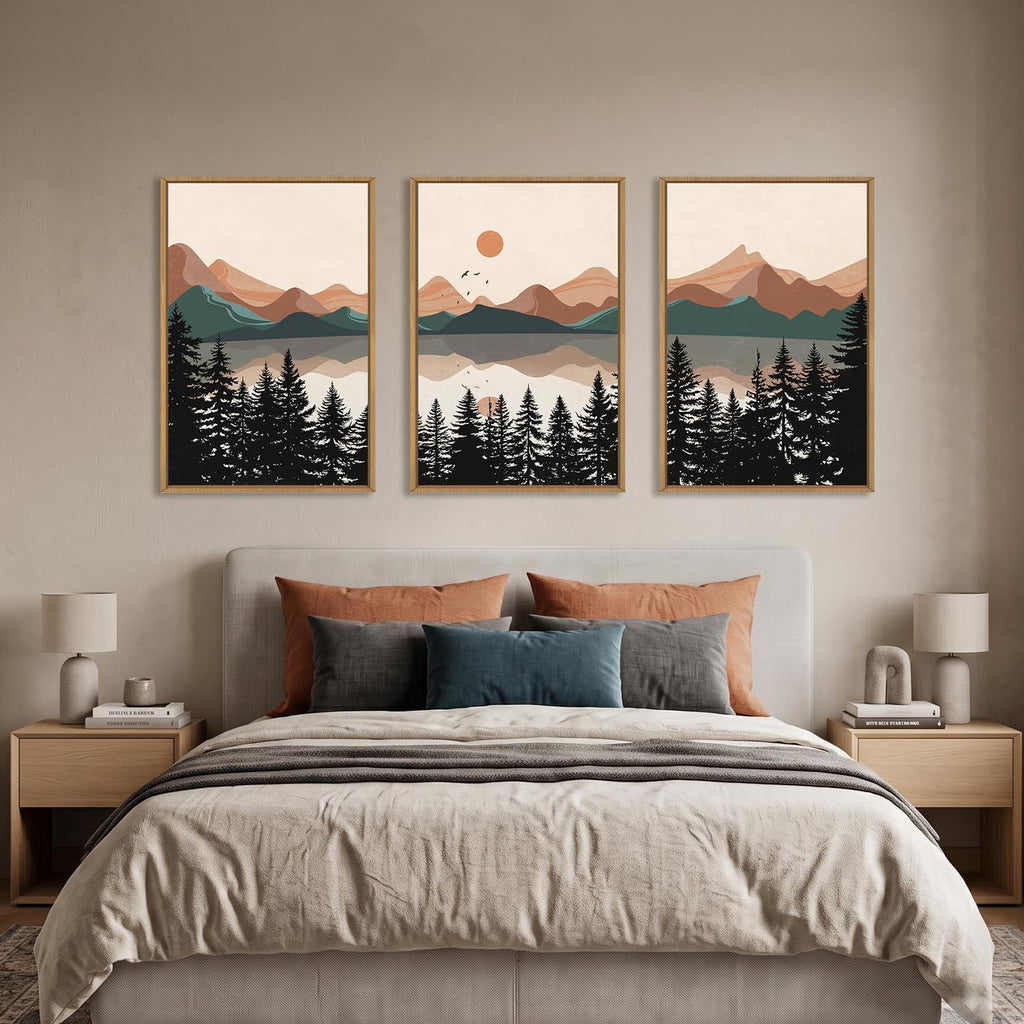 Boho Mountain Sunset Framed Canvas Wall Art Set,Colorful Mid Century Forest Wall Decor,Beige Nature Pine Tree Art - Set of 16