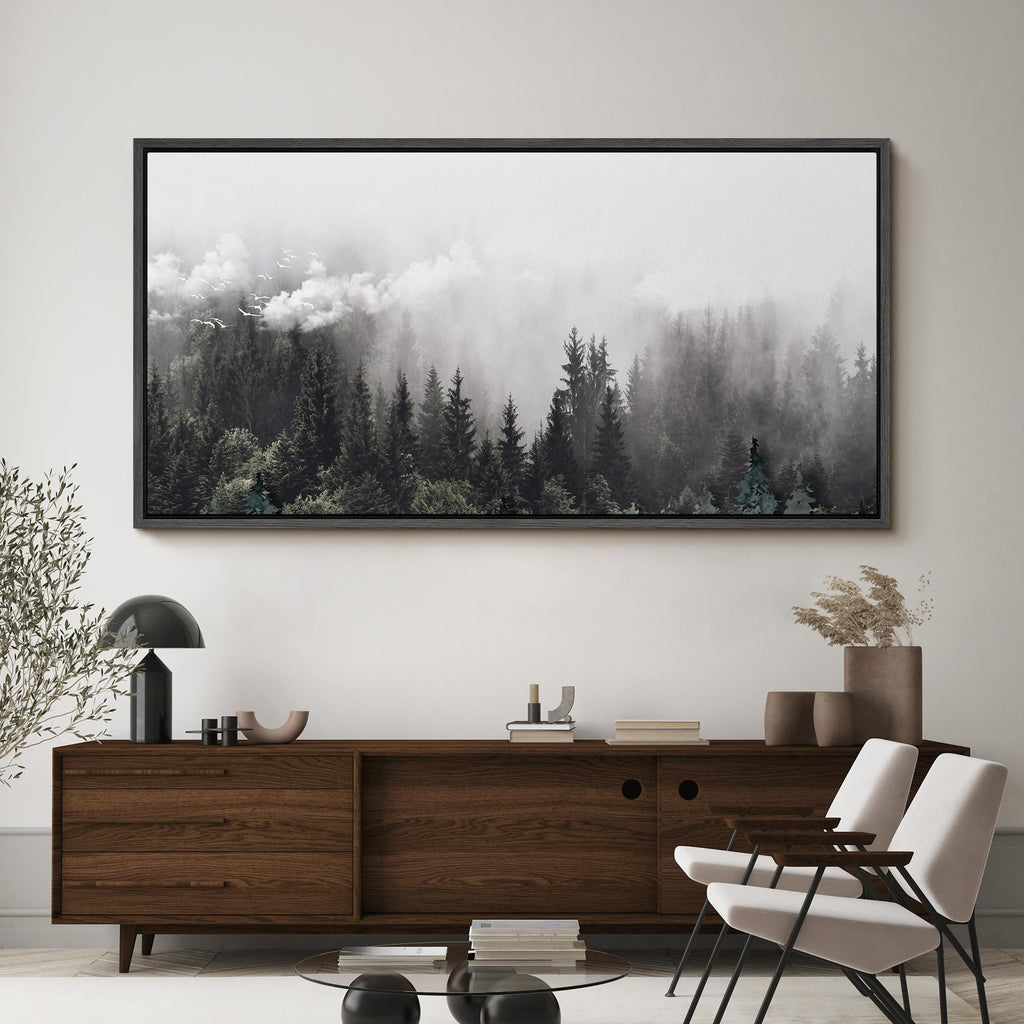 Extra Large Framed Canvas Foggy Pine Forest with Flying Birds Monochrome Illustrations Modern Art Calm Warm - 60"" x30