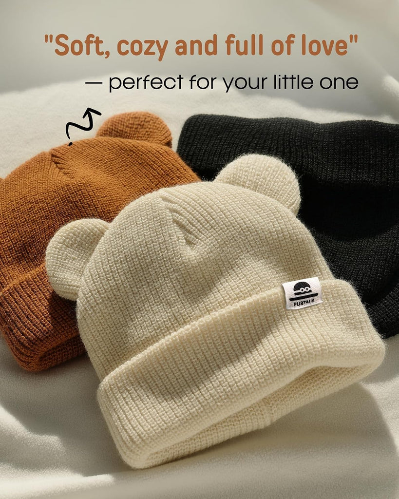 Baby Beanie with Bear Ear Warm Knit Winter Hat for Infant Toddlers