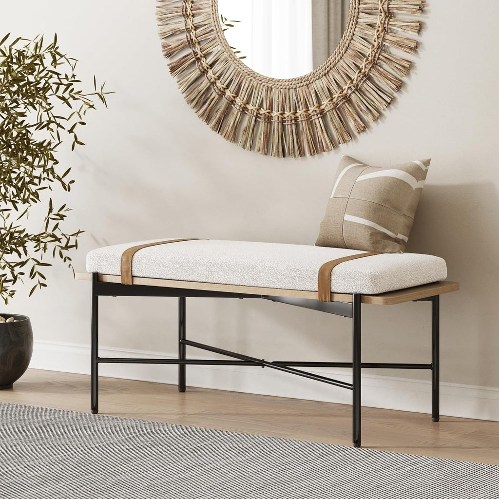 Thatcher Upholstered Entryway Bench with Removable Boucle Cushion, Vegan Leather Straps, and Matte Black Metal Legs