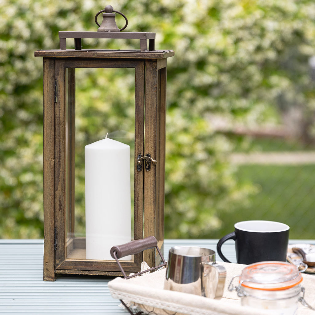 18 Inch Rustic Wooden Candle Hurricane Lantern, For Table Top, Mantle, Wall Hanging, or Garden Display, Indoor &