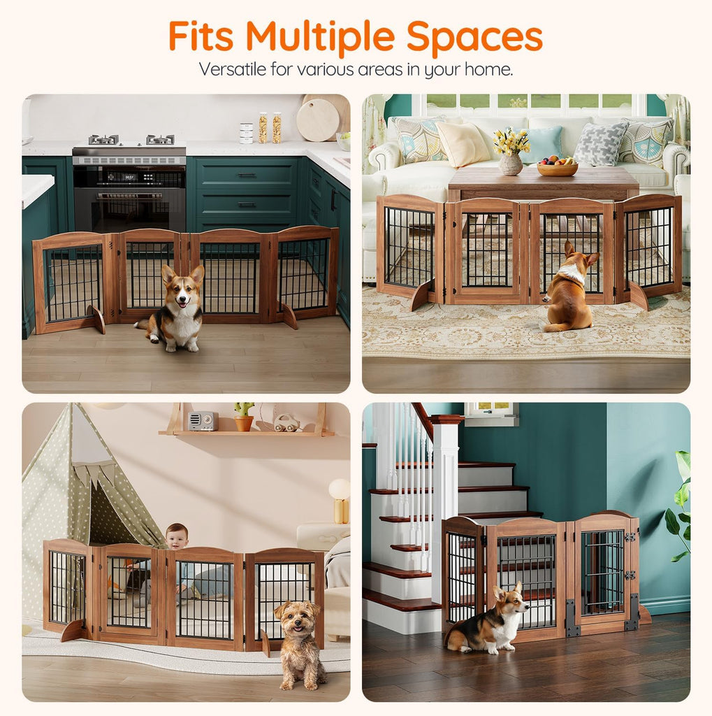 4 Panels Dog Gate Indoor with Door, 24.8'' Tall Freestanding Pet Gate with 2 Support Feet, Foldable Dog Fence