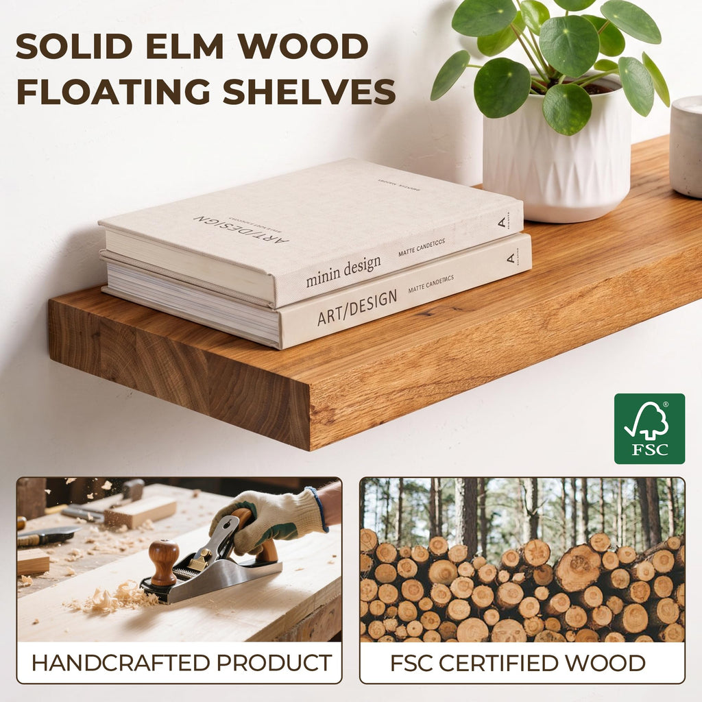 Elm Floating Shelves for Wall - 48 in Rustic Solid Wood Shelves with Heavy-Duty Invisible Bracket, Wall-Mounted
