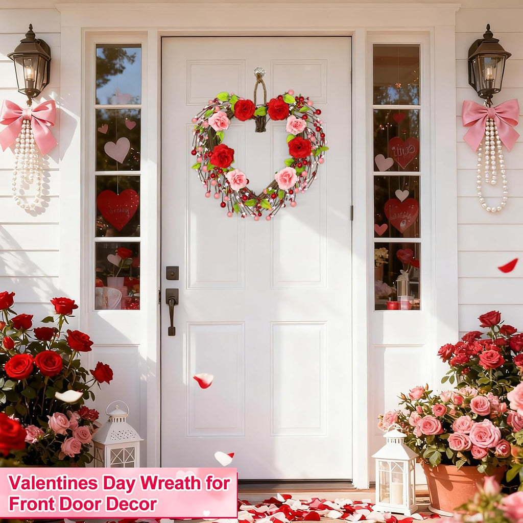 Valentines Day Wreath Decor with 20 Red and Pink Lights Timer, 18 Inch Valentines Wreaths for Front Door Rose Berry