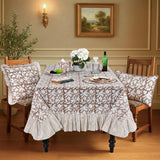 Oak Brown Ruffle Block Print Tablecloth 100% Cotton 60x120 Rectangle Floral Table Cover, Elegant, Vi
