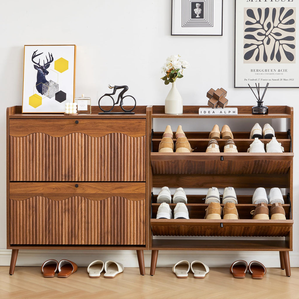 31.5" Fluted Walnut Shoe Storage Cabinet with 2 Flip Drawers