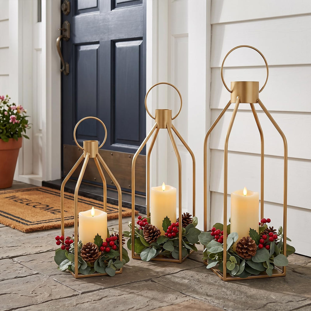 Elegant Gold Decorative Lanterns Set of 3-19/16/13 Inch Metal Indoor Lanterns Decorative with Flickering LED Candles
