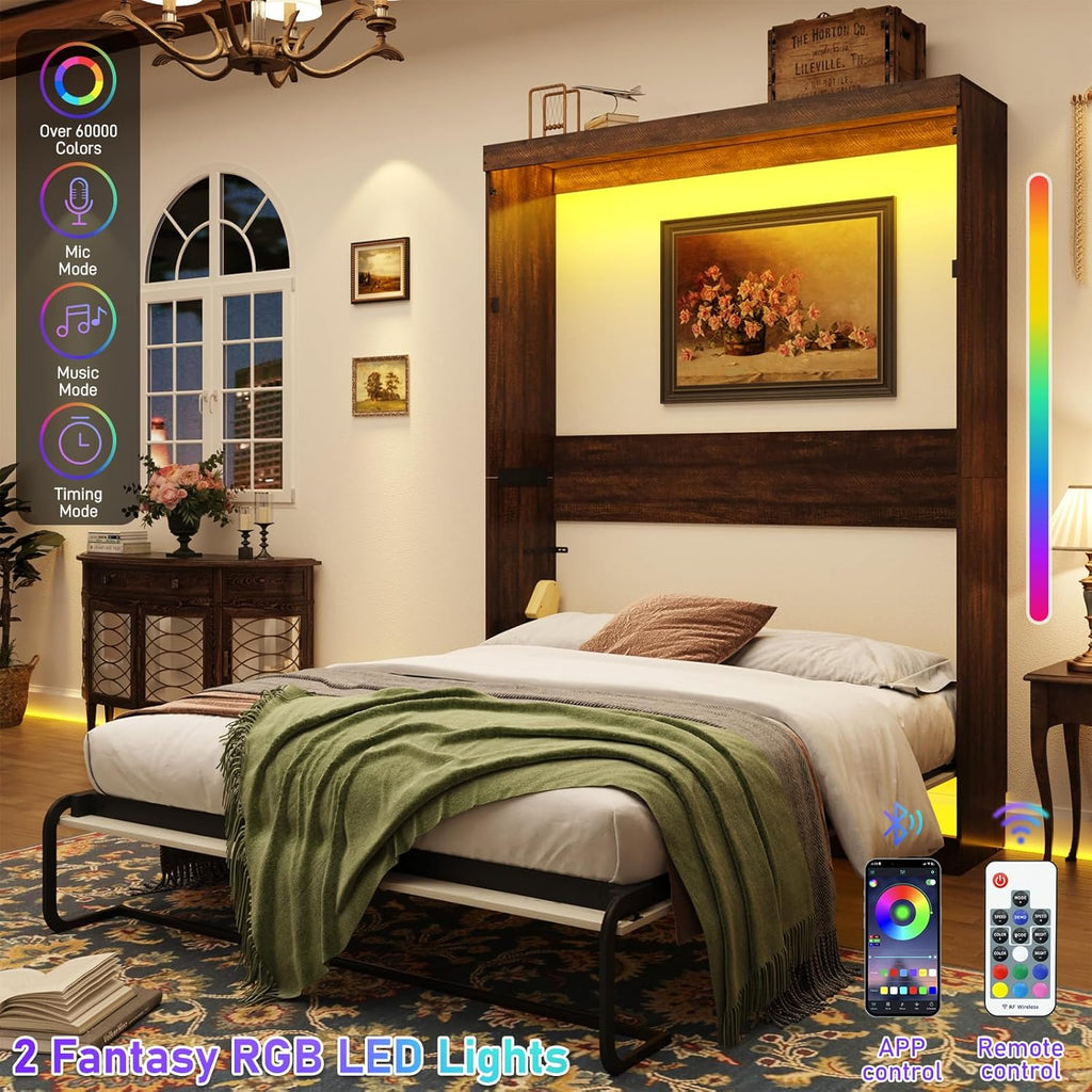 Queen Murphy Bed with 2 LED Lights, Farmhouse Wood Hidden Foldable Wall Bed Frame w/Gas Struts, Storage Bed Cabinet