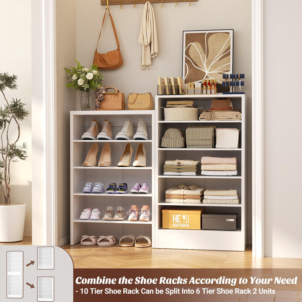 10 TiersTall Shoe Cabinet, Narrow Wood Shoe Rack, 17.7" W, White