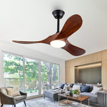 42 Inch Walnut Wood Propeller Ceiling Fan with Light and Remote, 3-Blade Dimmable DC Motor, Indoor/Outdoor