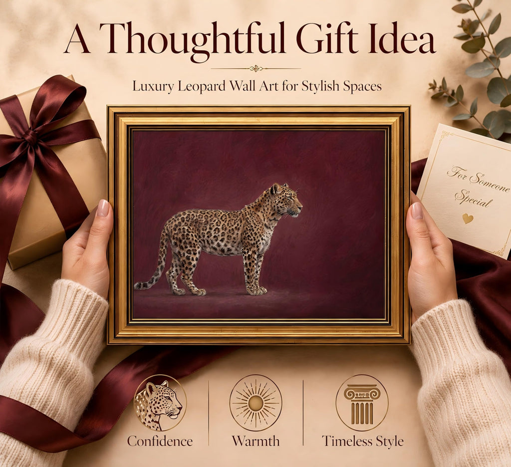 Gold Framed 3D Textured Wall Art, Vintage Burgundy Cheetah Canvas Prints, Minimalist Maroon Wildlife Pictures Decor